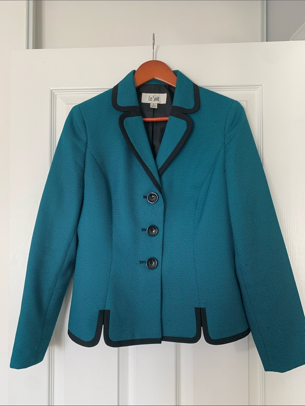Le Suit Teal Blazer with Black Trim